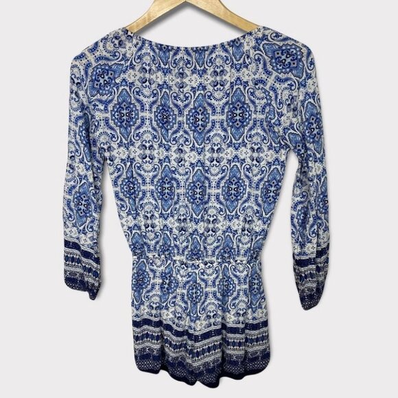 Anthropologie Paisley Print Romper Long Sleeves Blue White Bohemian XS Elevenses - Picture 4 of 16